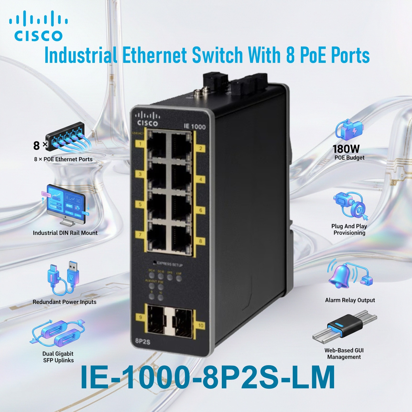 Cisco Industrial Ethernet Switch With 8 PoE Ports, 2 GE SFP Uplinks, 180W PoE Budget, DIN Rail Mount, Web GUI Management | IE-1000-8P2S-LM
