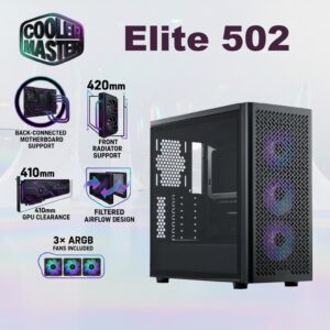 Cooler Master Elite 502 ATX Mid Tower PC Case With Back-Connected Motherboard Support, Mesh Front Panel, 3× ARGB Fans, USB Type-C, 420mm Radiator Support | BLACK 