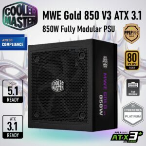 Cooler Master MWE Gold 850 V3  850W Fully Modular Power Supply With 80 Plus Gold Efficiency, ATX 3.1 / PCIe 5.1 ,  12V-2×6 PCIe 5.1 Cable, Zero-RPM Fan Mode | BLACK 