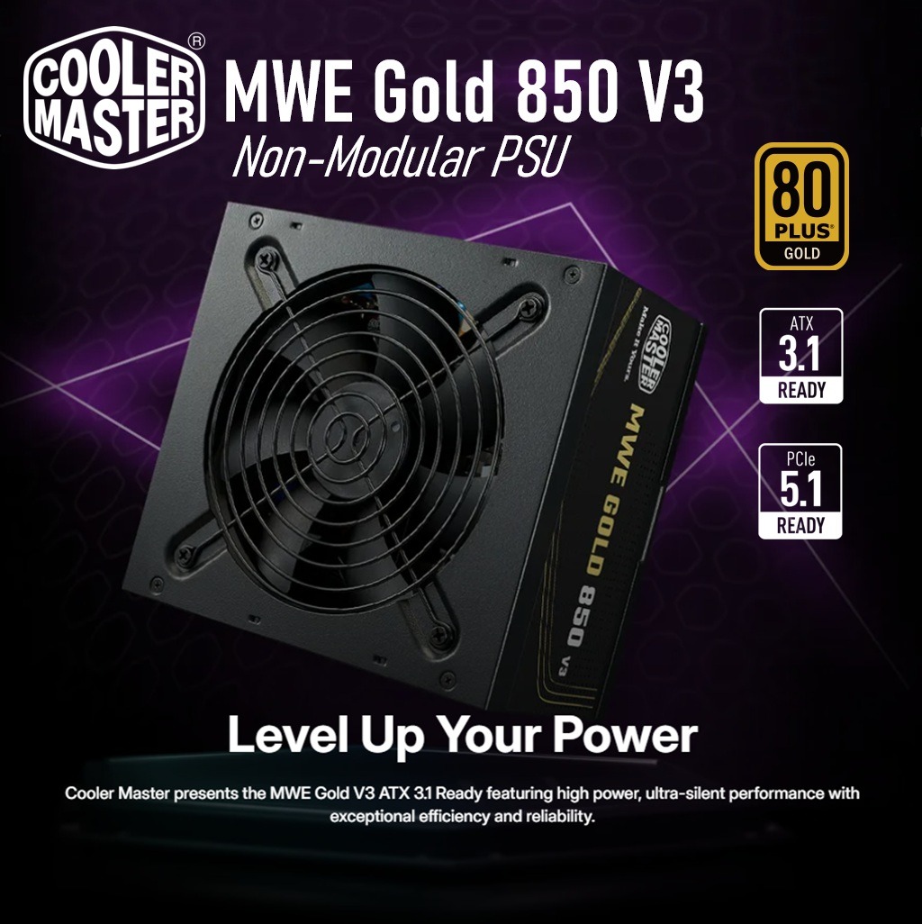 Cooler Master MWE Gold 850 V3 Non-Modular 850W Power Supply With 80 Plus Gold Efficiency, ATX 3.1 / PCIe 5.1, DC-to-DC Design, Dual EPS Connectors, 12V-2×6 Support, Quiet HDB Fan | BLACK