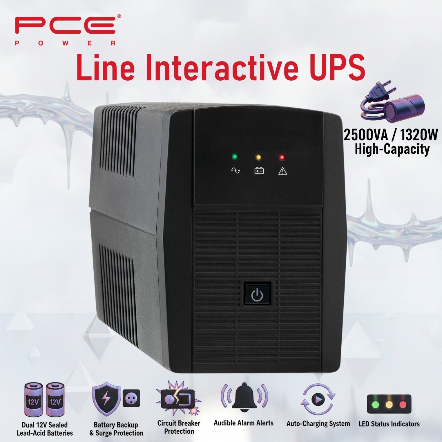 PCE V8 2500VA 1320W Line Interactive UPS : Battery Backup & Surge Protection, Dual 12V Sealed Lead-Acid Batteries, LED Indicators, Auto Restart , Surge Protection