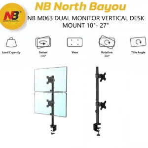 NB M063 Dual Monitor Vertical Desk Mount | 10″-27″ | 800mm Height | 360° Rotation | ±90° Swivel | +45°/-45° Tilt | VESA 75/100 | Steel Clamp Mount