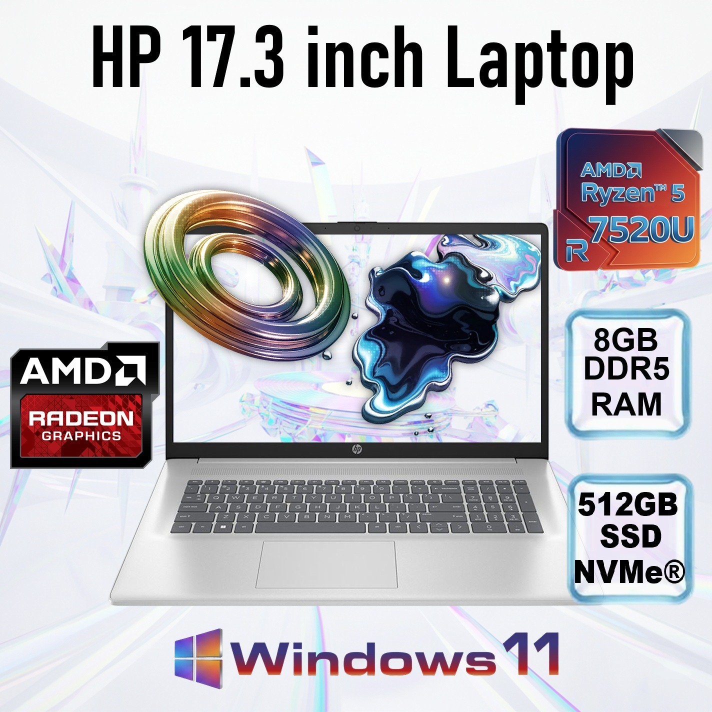 HP 17-cp2025dx : AMD Ryzen 5 7520U | 8GB DDR5 RAM ; 512GB NVMe SSD | AMD Radeon Graphics | 17.3-inch FHD IPS Display | Windows 11 | Natural Silver