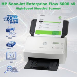 HP ScanJet Enterprise Flow 5000 s5 High-Speed Sheetfed Scanner With One-Pass Duplex Scanning, 80-Sheet ADF, 7,500-Page Duty Cycle, 600 DPI , 65 PPM / 130 IPM , A3 Folio Scanning Mode, USB 3.0 Connectivity