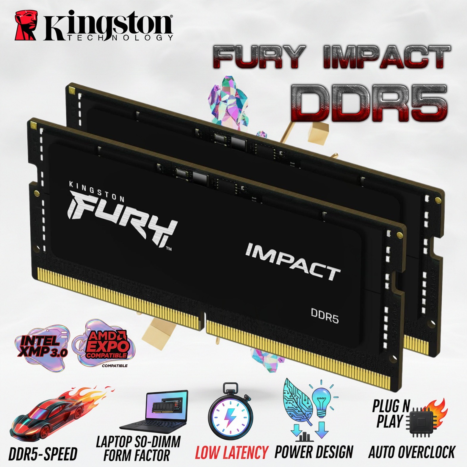 Kingston FURY IMPACT 32GB DDR5SO-DIMM Kit (2x16GB) 5600MHz (PC5 44800) CL40 1.1V Dual Channel Intel XMP 3.0 Plug N Play Laptop Memory | KF556S40IBK2-32