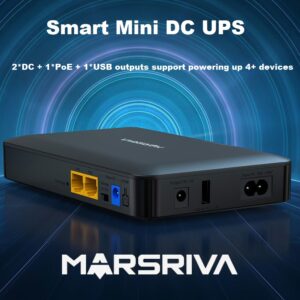 MARSRIVA Smart Mini DC UPS KP2 Series |  18 Watts 10000mAh | 0ms AC to DC Transfer | Flame Retardant | Wall Mount Slots | 1 x Passive PoE, 2 x DC and 1 x USB Output Ports | KP2 BLACK