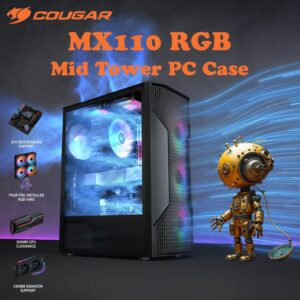 COUGAR MX110 RGB Mid Tower PC Case With 4 Pre-Installed Fixed RGB Fans, ATX / M-ATX / Mini-ITX Support, 240mm Radiator Compatibility, And 305mm GPU Clearance | BLACK 