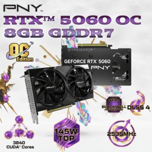 PNY GeForce RTX 5060 OC 8GB GDDR7  Dual Fan Graphics Card – NVIDIA Blackwell Architecture, DLSS 4, PCIe 5.0, 3840 CUDA® Cores , 2535MHz Boost Clock , And Compact Dual-Slot Design | STEALTH BLACK ~ VCG50608DFXPB1-O