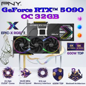 PNY GeForce RTX 5090 OC 32GB GDDR7 EPIC-X  ARGB  Triple Fan 512-bit GPU , Blackwell Architecture , 21,760 CUDA® Cores, 2625 MHz Boost Speed, 4K at 480Hz or 8K at 165Hz with DSC Resolution | BLACK ~ VCG509032TFXXPB1-O