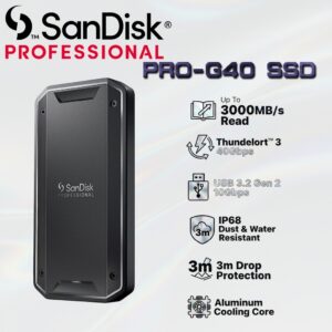 SanDisk Professional PRO-G40 2TB External SSD With Thunderbolt 3 (40Gbps), USB-C (10Gbps), Up To 3000MB/s Read Ultra-Rugged IP68 dust/Water Resistance , for macOS & Windows® | BLACK ~ SDPS31H-002T-GBCND