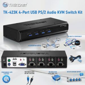 TRENDnet 4-Port USB PS/2 Audio KVM Switch Kit With VGA Support Up To 2048×1536, Independent Audio Switching, Manage 4 Computer, Hot Keys, 2-Way Audio, And Complete Cable Set | TK-423K 
