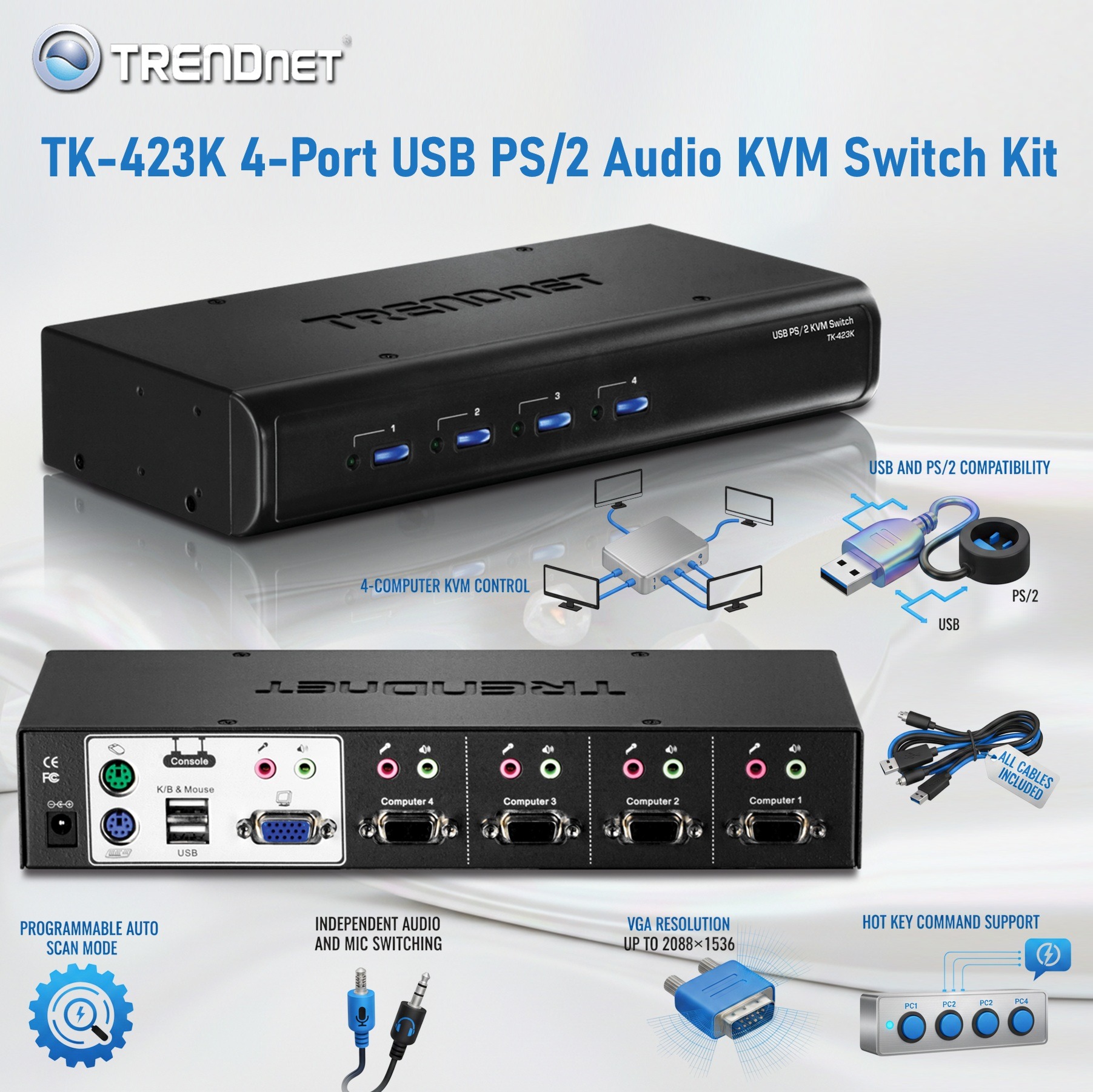 TRENDnet 4-Port USB PS/2 Audio KVM Switch Kit With VGA Support Up To 2048×1536, Independent Audio Switching, Manage 4 Computer, Hot Keys, 2-Way Audio, And Complete Cable Set | TK-423K