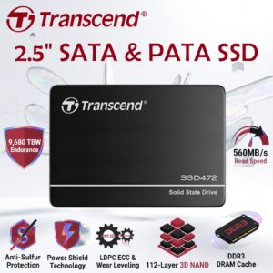 TRANSCEND 4TB 2.5″ SATA III SSD472K With 112-Layer 3D NAND, DRAM Cache, 560MB/s Read, 520MB/s Write, Extended Temperature Support, And 9,680 TBW Endurance | TS4TSSD472K