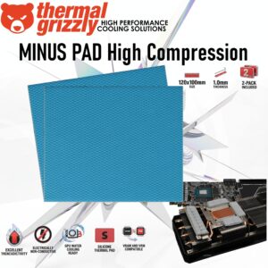 Thermal Grizzly MINUS PAD High Compression 120x100x1.0mm Thermal Pad 2-Pack, High Compressibility, Excellent Thermal Conductivity, Non-Conductive Silicone , for SSDs, GPUs & Electronics | TG-MP-HC-120-100-10-2