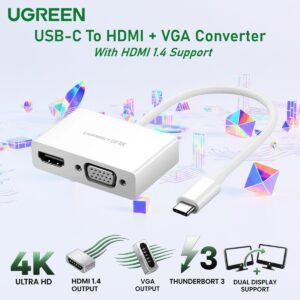 UGREEN USB-C To HDMI + VGA Converter With HDMI 1.4 Support, Dual Display Output, Scratch-Resistant ABS Housing, 15cm Cable, Plug And Play Design | MM123-30843