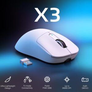 ATTACK SHARK X3 Lightweight Wireless Gaming Mouse With Tri-Mode 2.4G Wireless, USB-C Wired, Bluetooth 5.2, PixArt PAW3395 Sensor, 26,000 DPI, Kailh GM8.0 Switches, And 49g Ultra-Light Design | WHITE