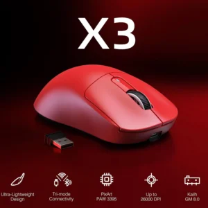 Attack Shark X3 49g Superlight Wireless Gaming Mouse – PAW3395 Sensor, 26K DPI, Tri-Mode (2.4G/Bluetooth/Wired), 1000Hz, 200-Hour Battery, TTC Encoder – Red