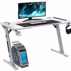 Z8-140 Z-Shaped RGB WHITE Gaming Desk – 140×60×73 cm Carbon-Fibre Surface, Dual Cable Grommets, Cup & Headphone Holders, Steel Frame Stability, Customizable RGB Edge Lighting 