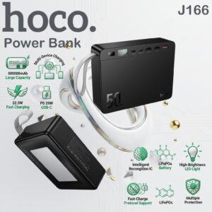 HOCO J166  50000mAh Power Bank With 22.5W Fast Charge, PD 20W USB-C, Multi-Port Output, LiFePO4 Battery, LED Lighting |  Black
