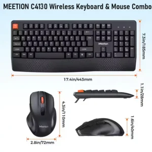 MEETION C4130 Wireless Keyboard & Mouse Combo – Black, Arabic/English Layout, 2.4GHz, Silent Keys, Adjustable DPI, Ergonomic, Plug & Play