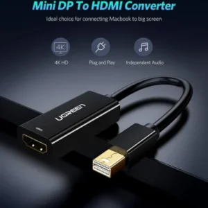 UGREEN Mini DisplayPort To HDMI Converter 4K Black | Supports 3840×2160 @30Hz | Audio Video Sync | Gold-Plated | For MacBook Surface ThinkPad Zenbook Intel NUC