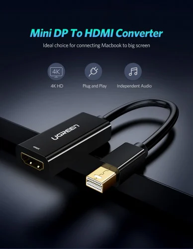 UGREEN Mini DisplayPort To HDMI Converter 4K Black | Supports 3840×2160 @30Hz | Audio Video Sync | Gold-Plated | For MacBook Surface ThinkPad Zenbook Intel NUC
