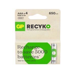 GP ReCyko AAA Rechargeable Batteries 650mAh NiMH 1.2V Pre-Charged, Low Self-Discharge, Up to 500 Cycles, Eco-Friendly, 4-Pack for Cordless Phones