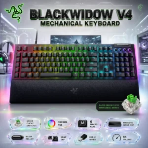 Razer BlackWidow V4 Full-Size Wired Mechanical Gaming Keyboard With Green Clicky Switches, Chroma RGB, 6 Macro Keys, Magnetic Wrist Rest, Media Roller, Snap Tap, And 8K Polling