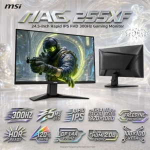 MSI MAG 255XF 25 inch FHD 300Hz Flat Gaming Monitor ; FHD (1920 x 1080) Rapid IPS Panel 0.5ms (GtG, Min.) ; Adaptive-sync ; AI Vision ; Less Blue Light ; DisplayPort 1.4a + 2 x HDMI™ 2.0b | Metallic Black ~ USED