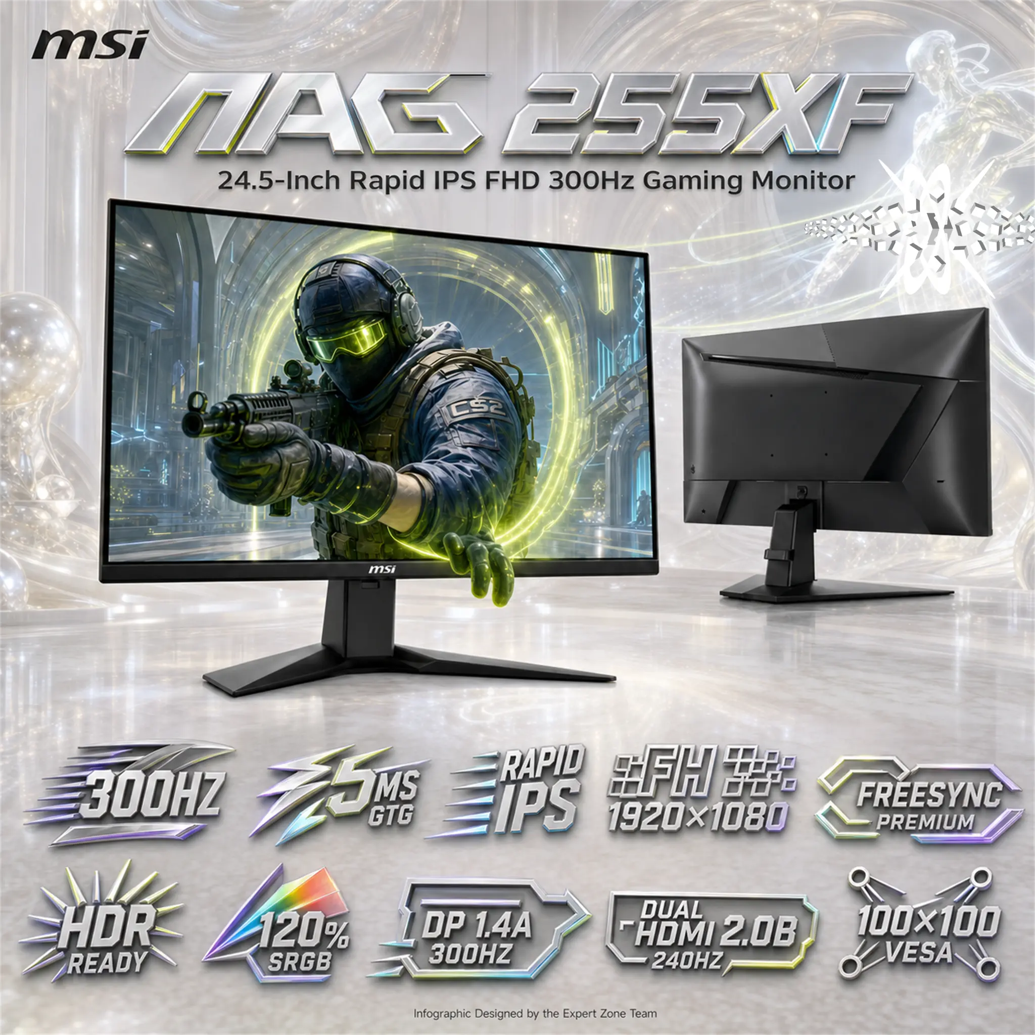 MSI MAG 255XF 25 inch FHD 300Hz Flat Gaming Monitor ; FHD (1920 x 1080) Rapid IPS Panel 0.5ms (GtG, Min.) ; Adaptive-sync ; AI Vision ; Less Blue Light ; DisplayPort 1.4a + 2 x HDMI™ 2.0b | Metallic Black ~ 6 MONTHS WARRANTY