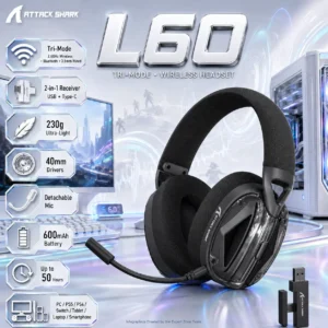 ATTACK SHARK L60 Tri-Mode Wireless Gaming Headset, 230g, 40mm Drivers, 600mAh Battery, Up to 50 Hours, 2.4GHz / Bluetooth / 3.5mm, Detachable Mic , PC-PS5-PS4-Switch-Smartphone | BLACK