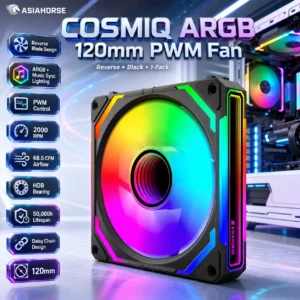 ASIAHORSE COSMIQ ARGB 120mm PWM Fan (Reverse, Black, 1-Pack) – Daisy Chain Design, 2000 RPM, 68.5 CFM Airflow, HDB Bearing, Music Sync Lighting, 50,000h Lifespan