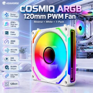 ASIAHORSE COSMIQ ARGB 120mm PWM Fan (Reverse , White, 1-Pack) – Daisy Chain Design, 2000 RPM, 68.5 CFM Airflow, HDB Bearing, Music Sync Lighting, 50,000h Lifespan