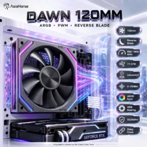 AsiaHorse DAWN 120mm ARGB PWM Case Fan, Reverse Blade, 900–1850 RPM, 71 CFM, 2.6mmH₂O, HDB Bearing, Modular Daisy Chain, 29dBA Max, 1-Pack | BLACK