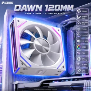 AsiaHorse DAWN 120mm ARGB PWM Case Fan, 1-Pack Forward Blade, 900–1850 RPM, 71 CFM, 2.6mmH₂O, HDB Bearing, Modular Daisy Chain, 4-Pin | WHITE
