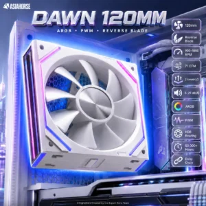 AsiaHorse DAWN 120mm ARGB PWM Case Fan, 1-Pack Reverse Blade, 900–1850 RPM, 71 CFM, 2.6mmH₂O, HDB Bearing, Modular Daisy Chain, 4-Pin | WHITE