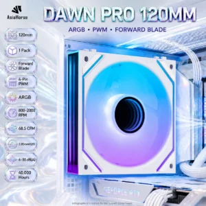 ASIAHORSE DAWN PRO ARGB 120mm Case Fan, 1-Pack Forward Blade, 4-Pin PWM, 800–2000 RPM, 68.5 CFM, 2.05mmH2O, ARGB Sync, 40,000-Hour Life | WHITE