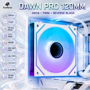 ASIAHORSE DAWN PRO ARGB 120mm Case Fan, 1-Pack Reverse Blade, 4-Pin PWM, 800–2000 RPM, 68.5 CFM, 2.05mmH2O, ARGB Sync, 40,000-Hour Life | WHITE