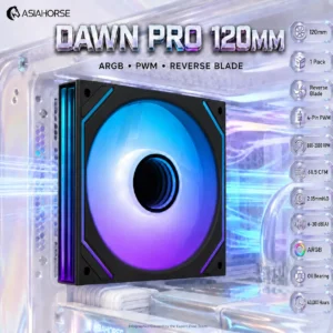 ASIAHORSE DAWN PRO ARGB 120mm Case Fan, 1-Pack Reverse Blade, 4-Pin PWM, 800–2000 RPM, 68.5 CFM, 2.05mmH2O, 6–30 dB(A), Hydraulic Bearing | BLACK