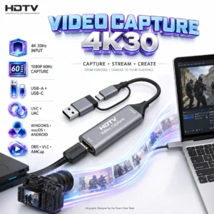 HDTV Video Capture Card, 4K@30Hz Input, 1080p@60Hz Capture Output, USB-A/USB-C, UVC/UAC, 8/10/12-Bit Color, Windows, macOS & Android Support for OBS, VLC and AMCap — Compact Design