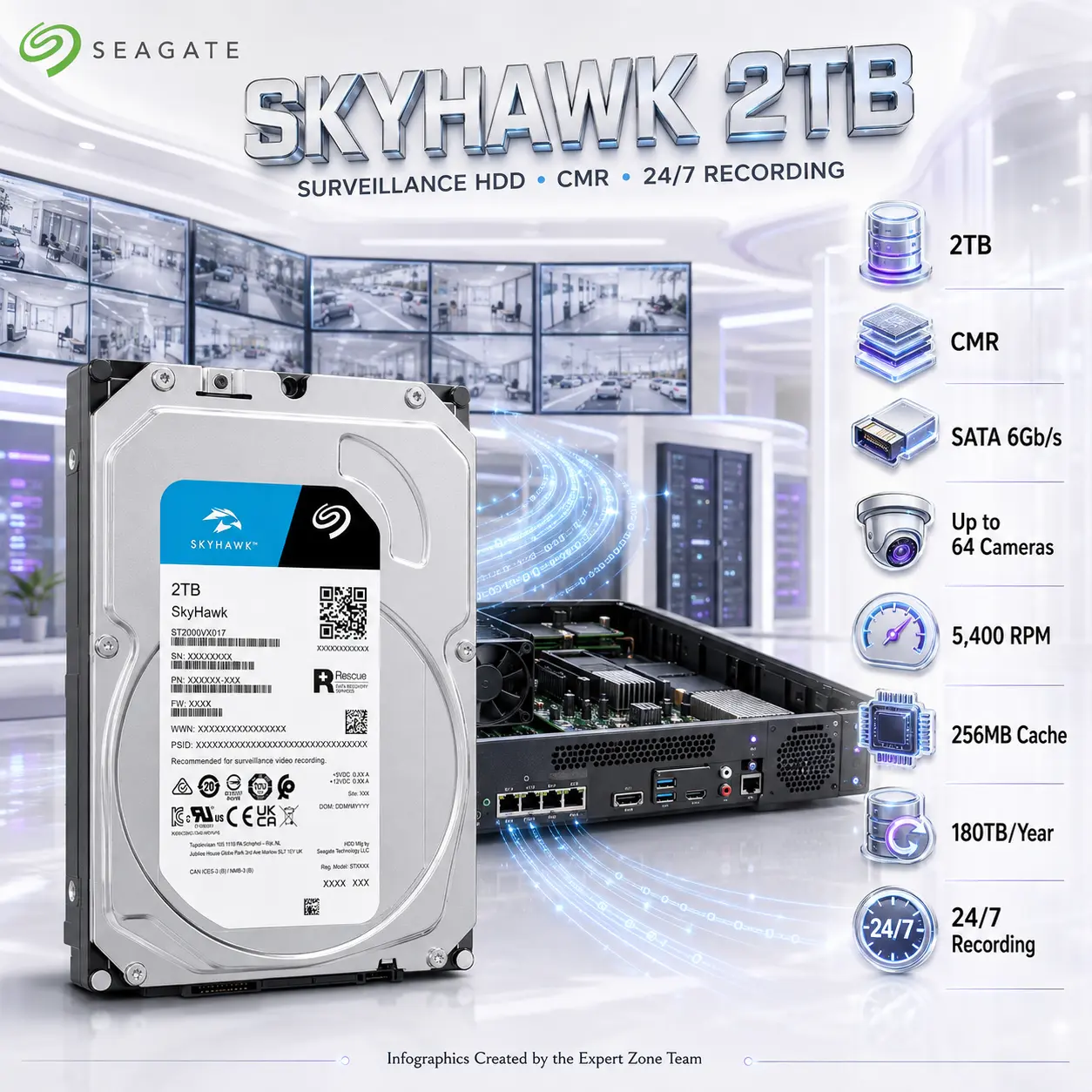 Seagate SkyHawk 2TB Surveillance HDD, CMR, SATA 6Gb/s, 256MB Cache, 5,400 RPM, 180MB/s, 180TB/Year, 1M-Hour MTBF | ST2000VX017
