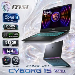 MSI Cyborg 15 A13UC : Core i5 -13620H | 16GB DDR5 RAM , 512GB SSD | RTX 3050 4GB GDDR6 | 15.6″ FHD IPS 144Hz Display | DOS | Blue Backlit Keyboard | Translucent Black