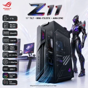 ASUS ROG Z11 Mini-ITX/DTX Gaming Case, 11° Tilt Design, 320mm 3-Slot GPU Support, 240mm Radiator, ATX/SFX PSU, Dual Tempered Glass and Aura Sync ARGB, Pre-installed Fans (Top) 2 x 140 mm