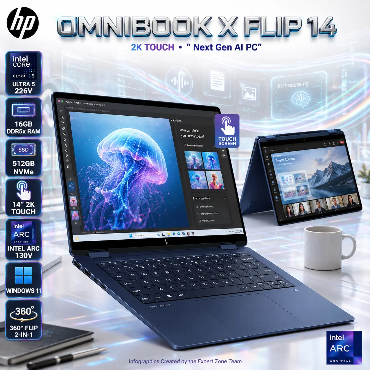 HP OmniBook X Flip : Intel® Core Ultra 5 226V | 16GB DDR5x-8533 MT/s RAM ; 512GB | Intel® Arc 130V GPU | 14-inch 2K IPS Touch Display | Backlit Keyboard | Windows 11 | Atmospheric Blue ~ 14-fm0013dx