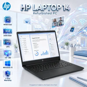 HP 14-dq6xxx : Intel® N150 | 8GB DDR4 RAM ; 128GB UFS Storage | 14-inch HD Display | UHD Graphics | Windows 11 | Jet black ~ Rfrbd PC 