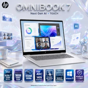 HP OmniBook 7 NGAI : Intel® Core Ultra 7 256V | 16GB DDR5 RAM ; 512GB NVMe | Intel® Arc 140V GPU (8GB) | 17.3-inch FHD Touch Display | Backlit Keyboard | Windows 11 | Silver ~ Rfrbd PC + 1Y WNTY