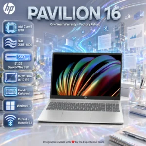 HP Pavilion 16-af0000 Intel® Core 5 120U | 8GB DDR5 RAM ; 512GB SSD NVMe | Intel® Graphics | 16 inch WUXGA IPS Display | Windows 11 Home | Backlit Keyboard | Grey ~ Factory Refurb + 1Y WNTY