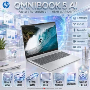 HP OmniBook 5 AI : Core Ultra 5 225U | 16GB DDR5 RAM ; 512GB NVMe | 16-Inch 2K OLED Display | Backlit Keyboard | Windows 11 | SILVER ~ Rfrbd + 1Y WNTY 