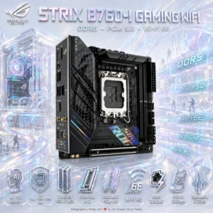 ASUS ROG Strix B760-I Gaming WiFi Mini-ITX Motherboard, Intel B760 LGA1700, 2x DDR5-7600 OC, PCIe 5.0, Dual M.2, WiFi 6E, 2.5GbE, USB-C 20Gbps, SupremeFX Audio, Aura Sync RGB, For 14th -13th – 12th Gen | REFURB