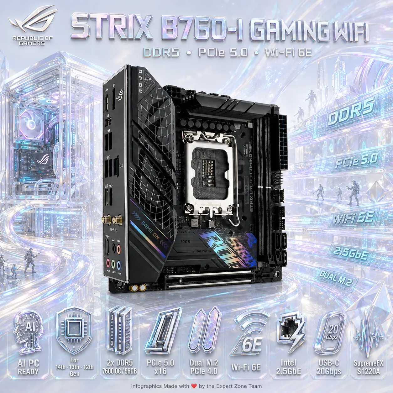 ASUS ROG Strix B760-I Gaming WiFi Mini-ITX Motherboard, Intel B760 LGA1700, 2x DDR5-7600 OC, PCIe 5.0, Dual M.2, WiFi 6E, 2.5GbE, USB-C 20Gbps, SupremeFX Audio, Aura Sync RGB, For 14th -13th – 12th Gen | REFURB